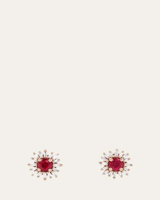 18K Rose Gold One Of A Kind Ruby Stud Earrings with White Diamond Baguettes